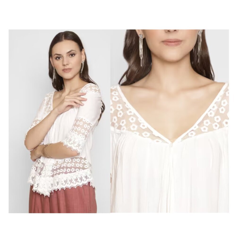 Zac & Rachel White Flowy Tunic Top with Embroirdery and Mesh Size XL